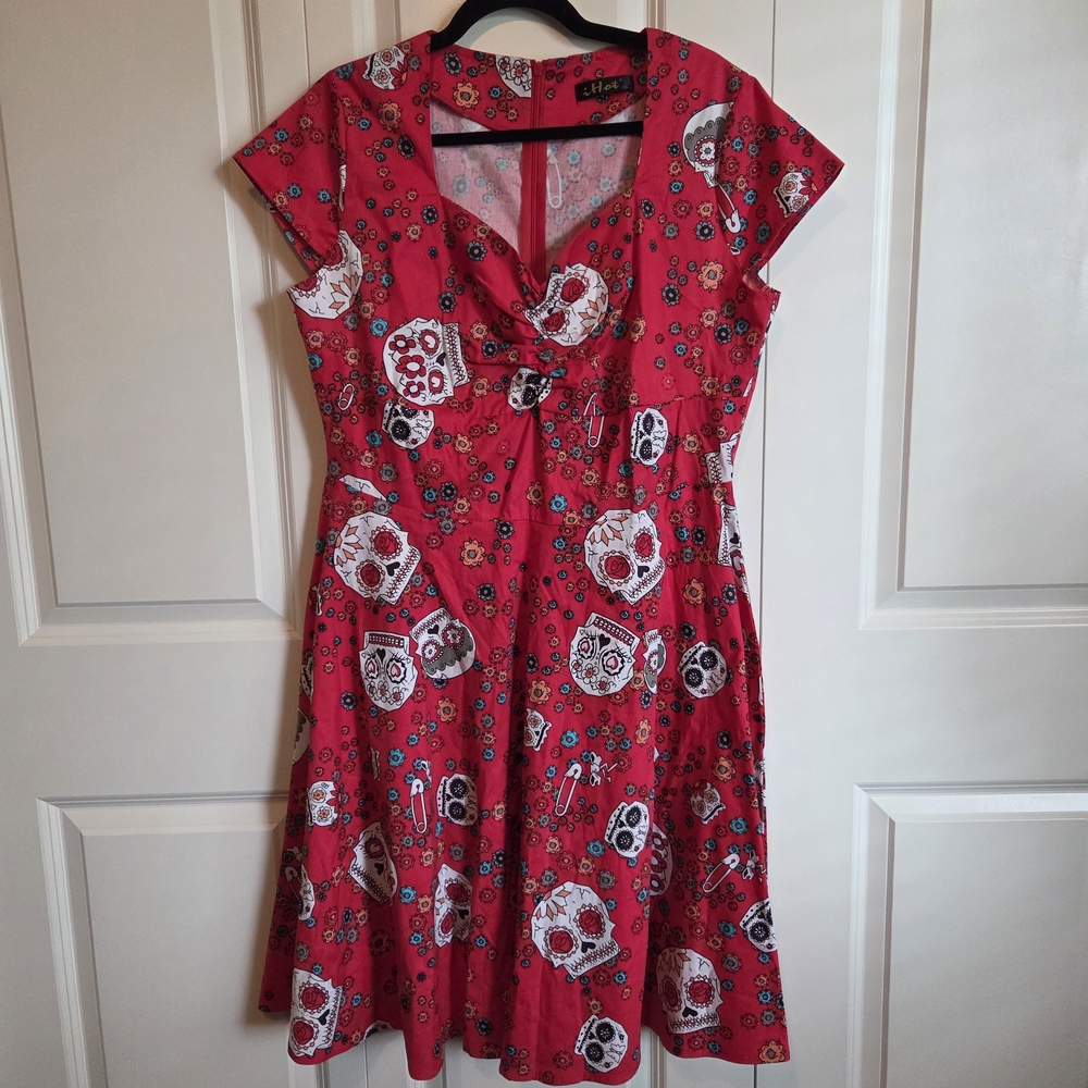 Sugar Skull Dia De Los Muertos Red Dress Plus 2X